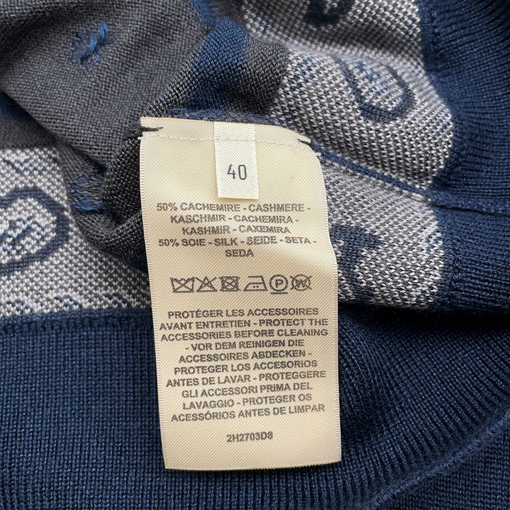 HERMES Cardigan HARNAIS DE COUR Size 40 Gray/Navy Cashmere50% Silk50%
