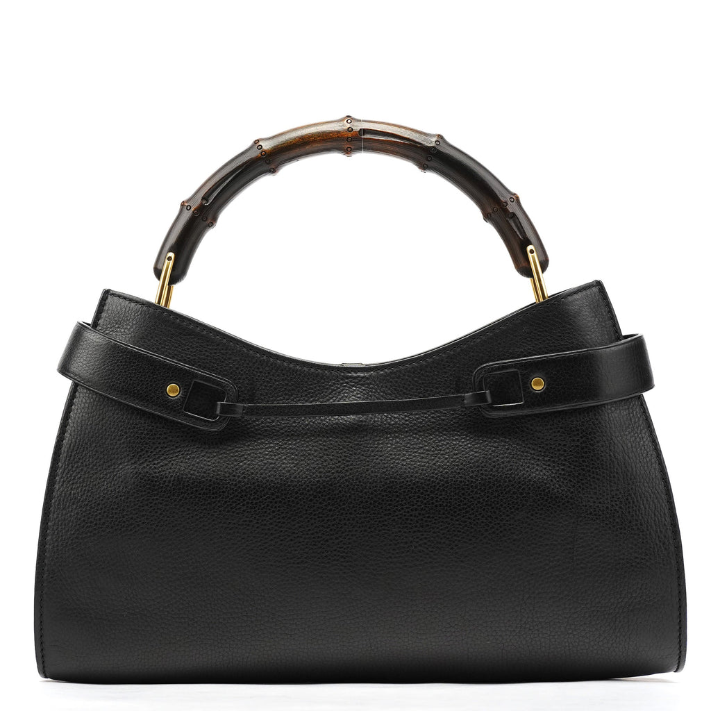 109136 Black Leather Bamboo Top Handle Bag