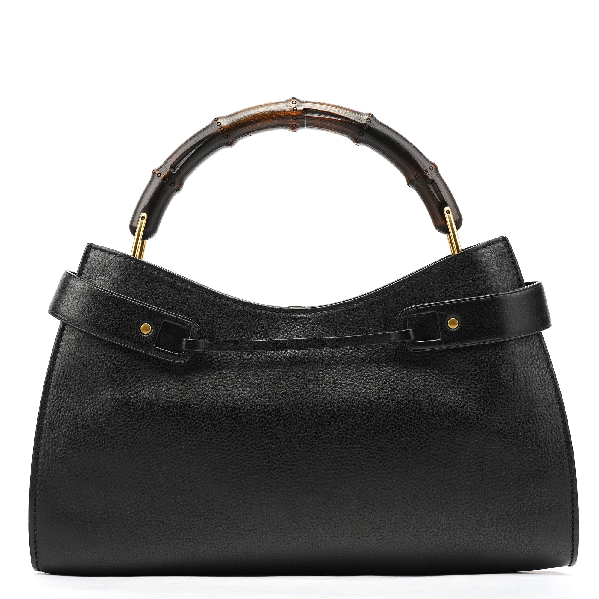 109136 Black Leather Bamboo Top Handle Bag