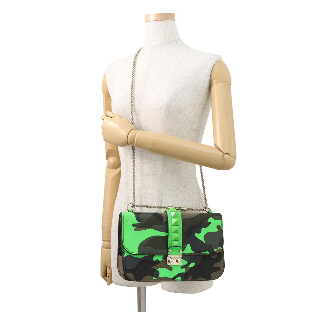 Valentino Garavani Glam Rock Camouflage Chainshoulder Bag Neon Green/Khaki Canvas Leather