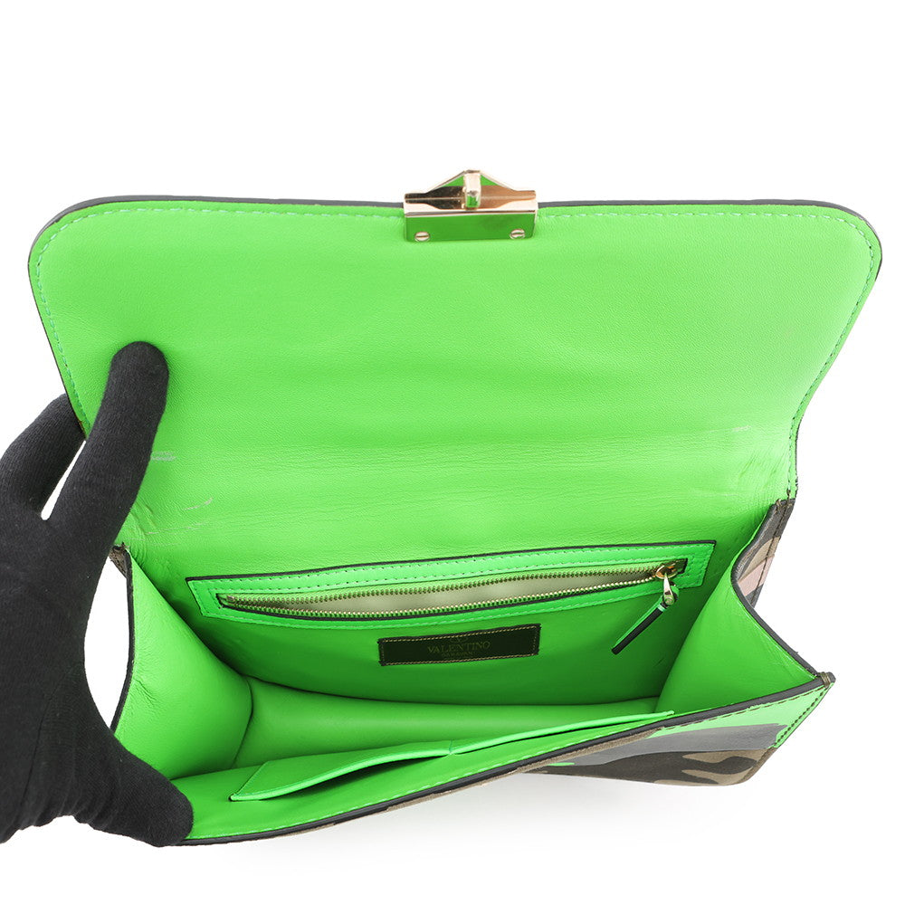 Valentino Garavani Glam Rock Camouflage Chainshoulder Bag Neon Green/Khaki Canvas Leather