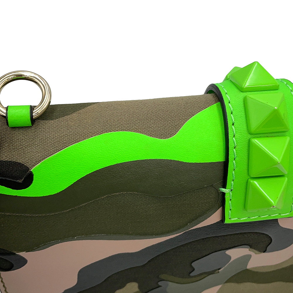 Valentino Garavani Glam Rock Camouflage Chainshoulder Bag Neon Green/Khaki Canvas Leather