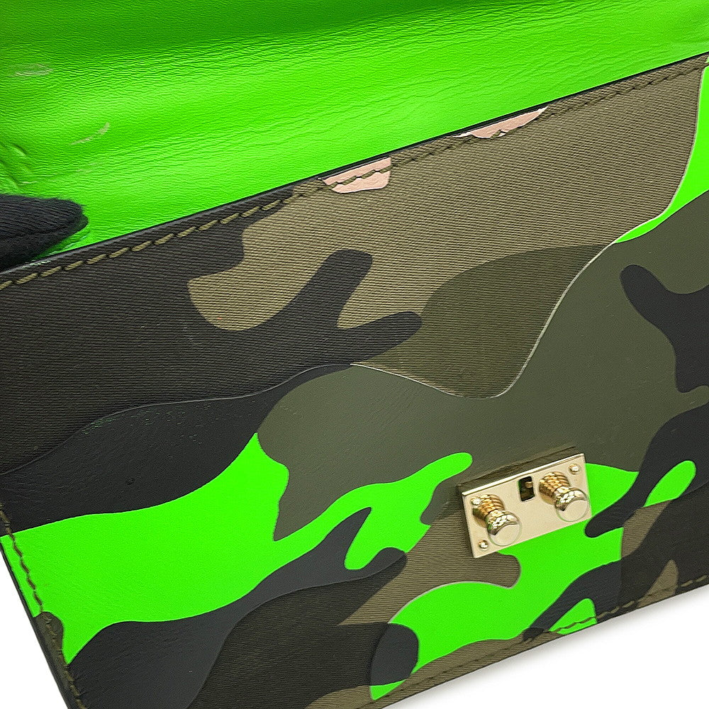 Valentino Garavani Glam Rock Camouflage Chainshoulder Bag Neon Green/Khaki Canvas Leather