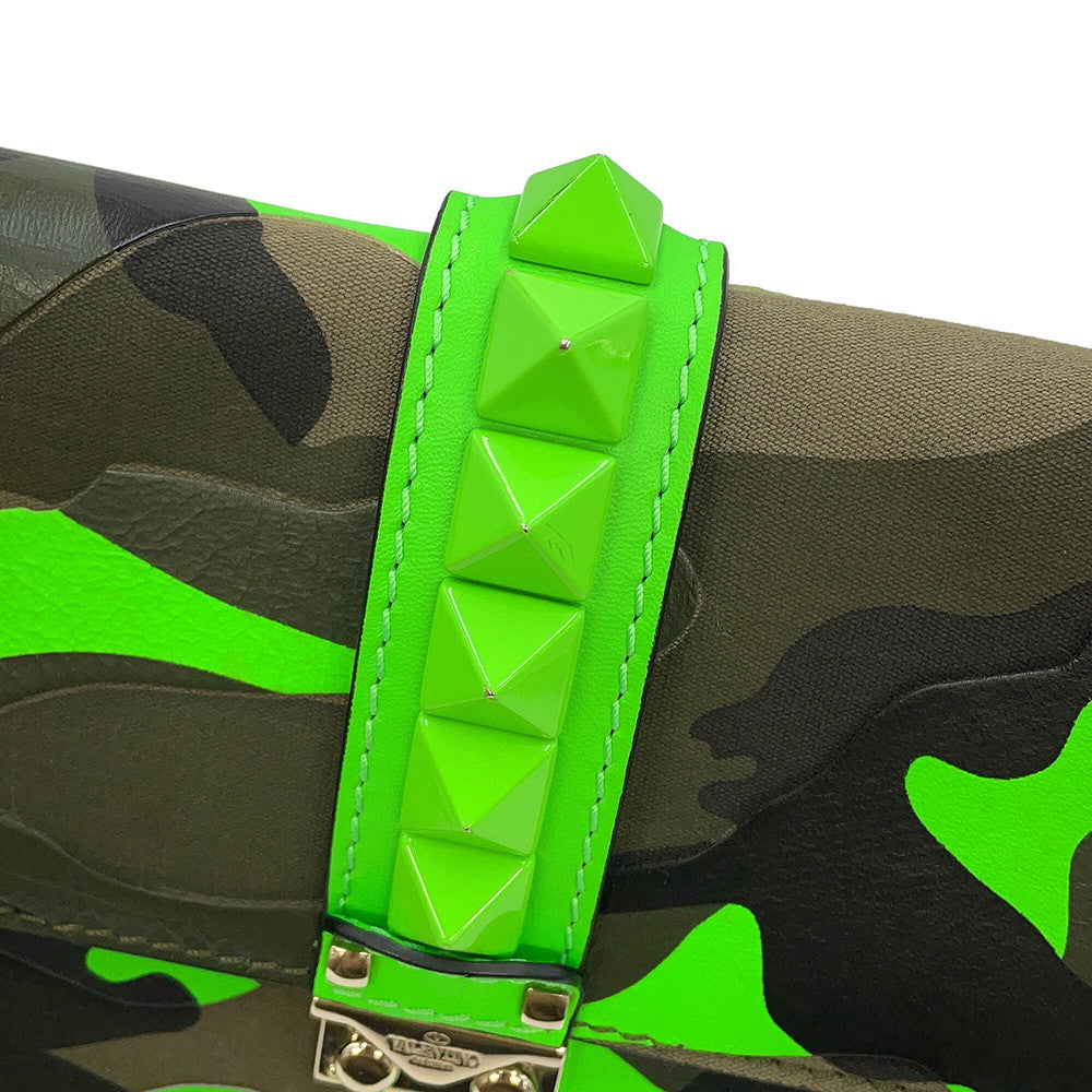 Valentino Garavani Glam Rock Camouflage Chainshoulder Bag Neon Green/Khaki Canvas Leather