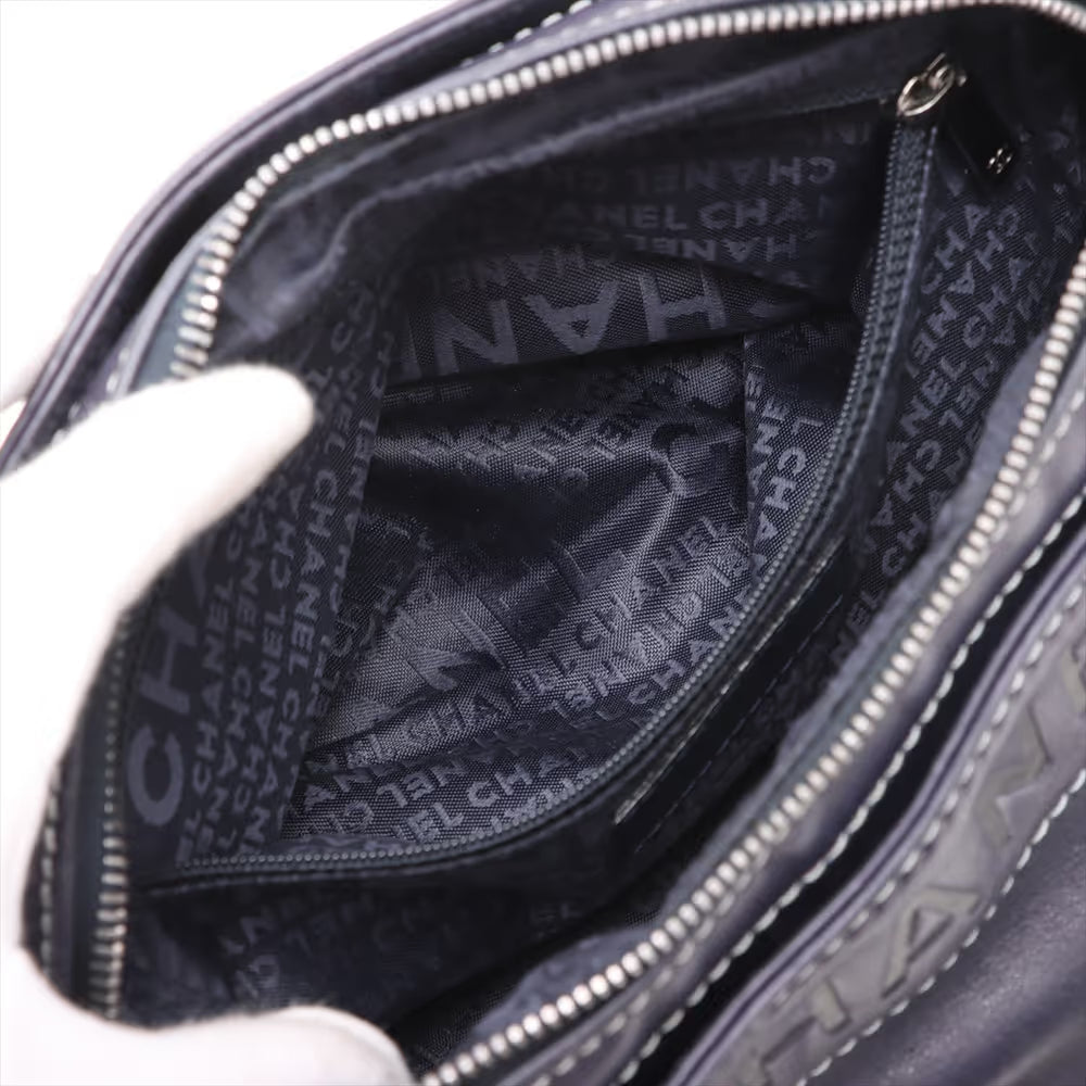 Chanel Logo Lambskin Chain Shoulder Bag Navy Blue