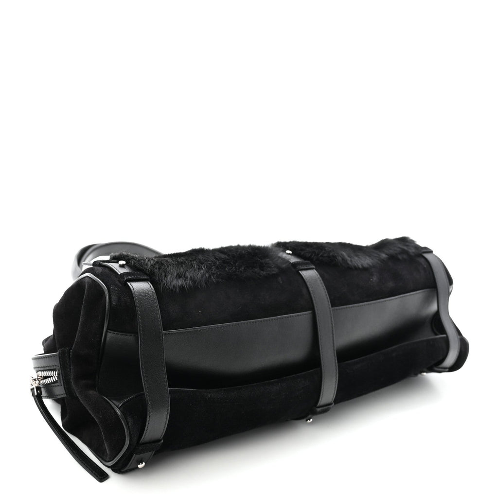 Fur Calfskin Suede Top Handle East West Tote Bag Black