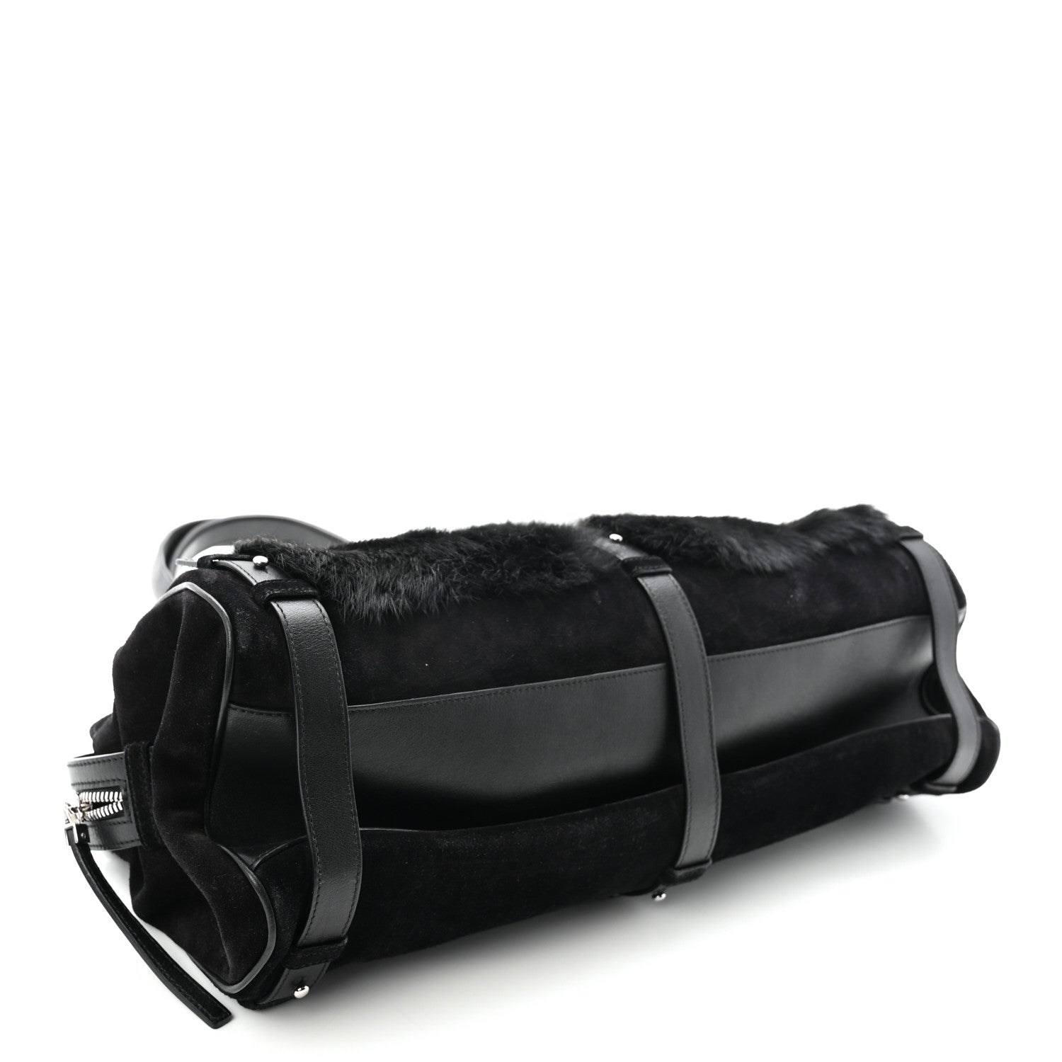 Fur Calfskin Suede Top Handle East West Tote Bag Black