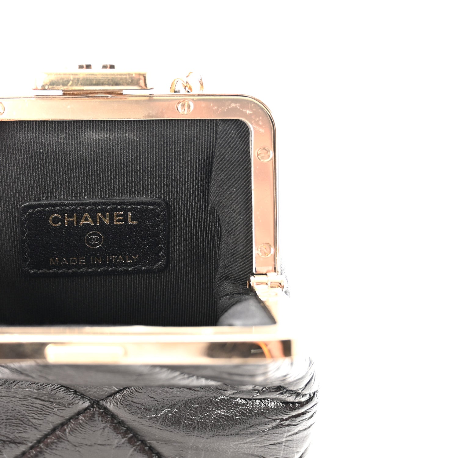 Shiny Aged Lambskin Quilted Kiss Lock Clutch With Chain Black