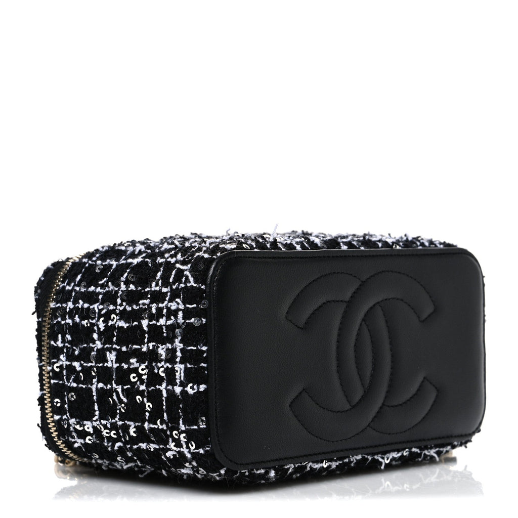 Tweed Sequin Small Top Handle Vanity Case With Chain Black White