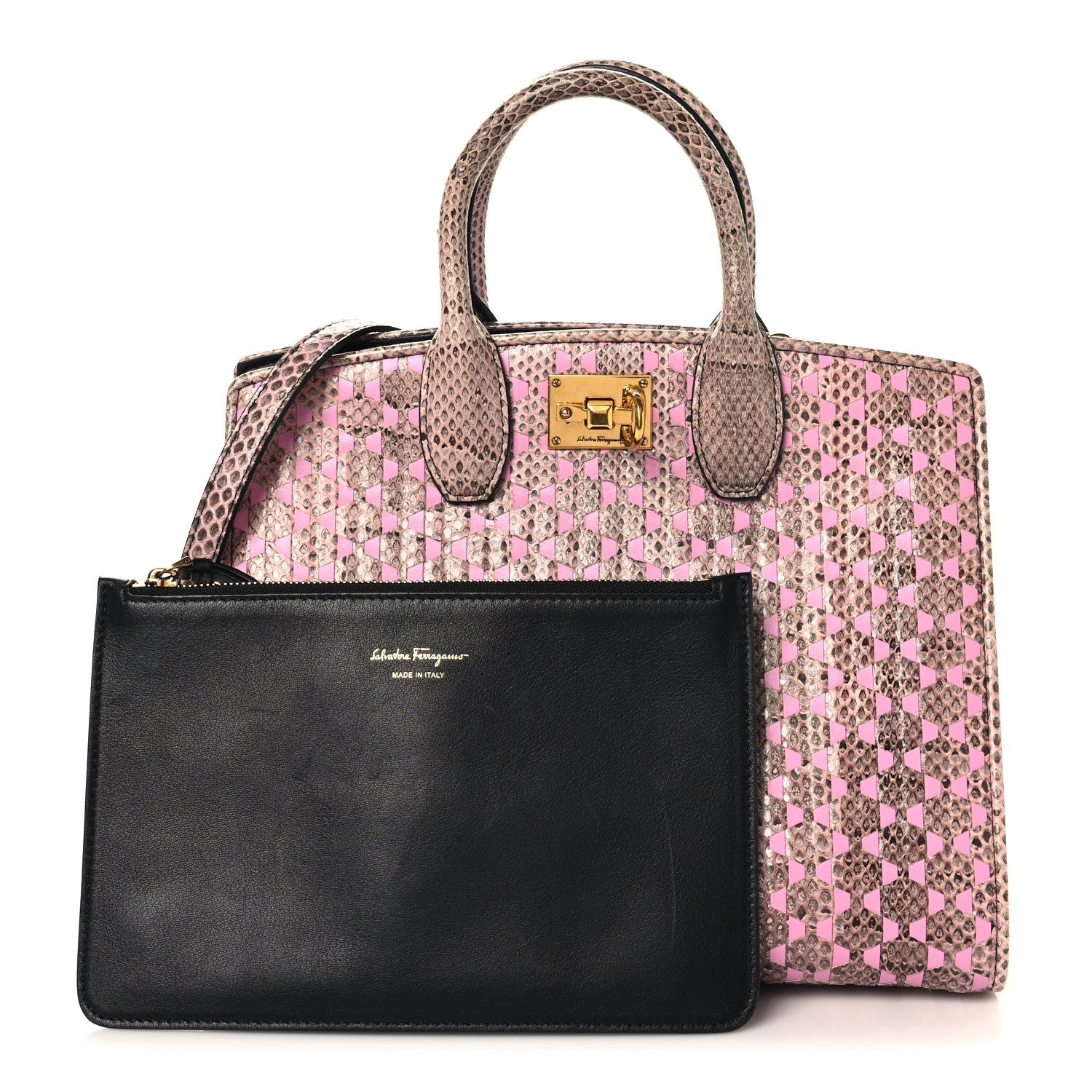 Calfskin Snakeskin Woven The Studio Box Tote Pink Brown