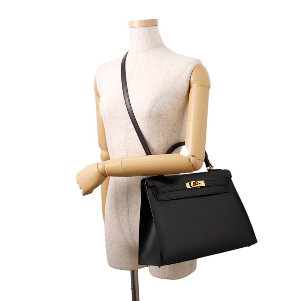 HERMES Kelly Sellier Black Box Calf Leather Size 32