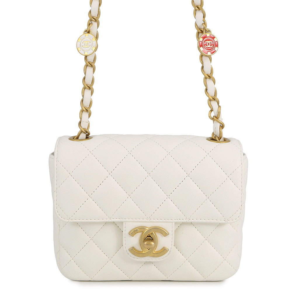 CHANEL Mini Matelasse Medal ChainShoulder Bag WhiteAS3738 Lambskin