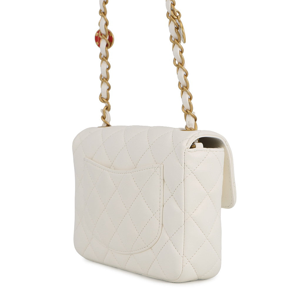 CHANEL Mini Matelasse Medal ChainShoulder Bag WhiteAS3738 Lambskin