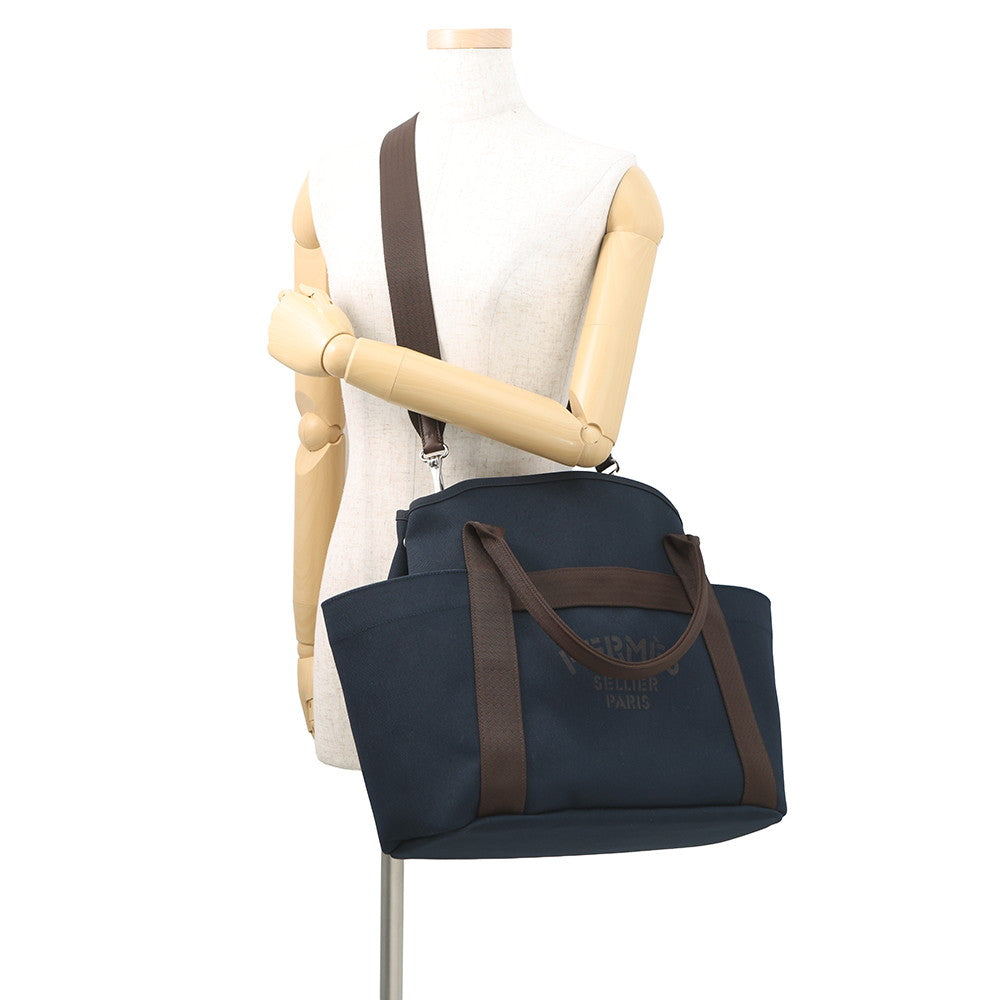 HERMES Sack de Pansage 2-way Tote Navy/Feu Toile Chevrons Canvas