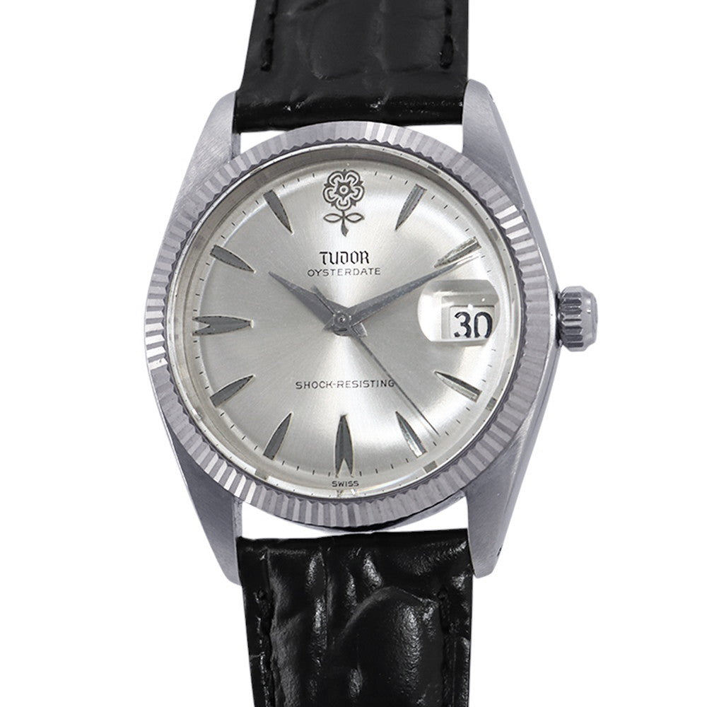 TUDOR Oyster Date Large Rose W34mm Stainless Steel Leather Silver Dial7962