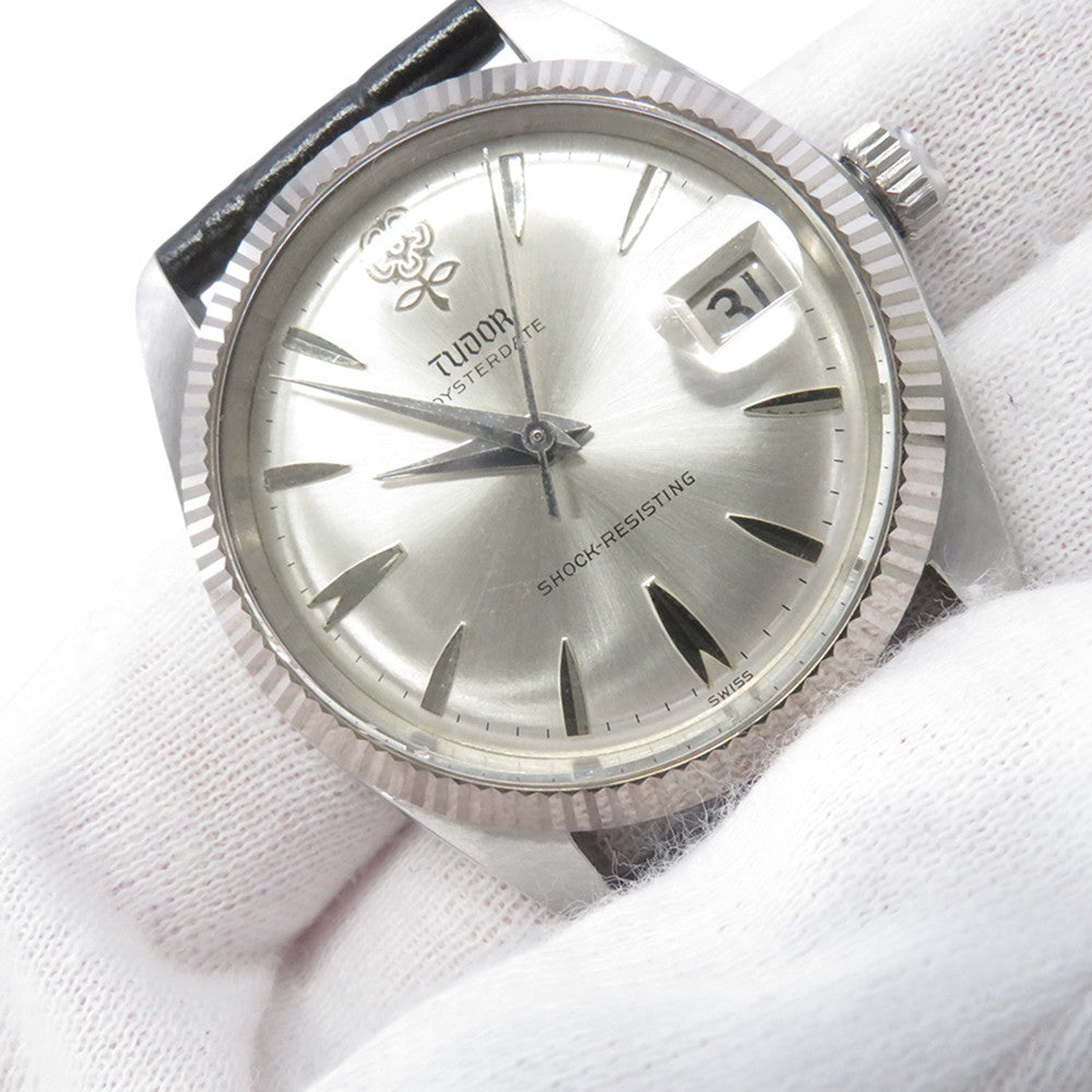 TUDOR Oyster Date Large Rose W34mm Stainless Steel Leather Silver Dial7962
