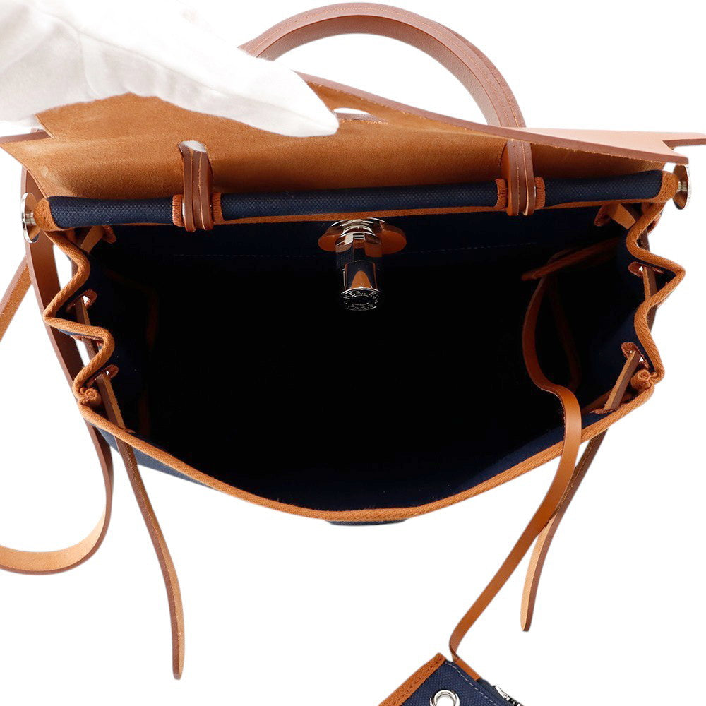 HERMES Herbag zip Navy/Natural Toile H Vache Hunter Leather Size PM