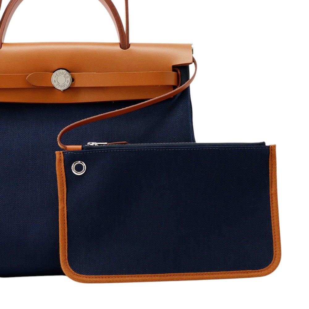 HERMES Herbag zip Navy/Natural Toile H Vache Hunter Leather Size PM