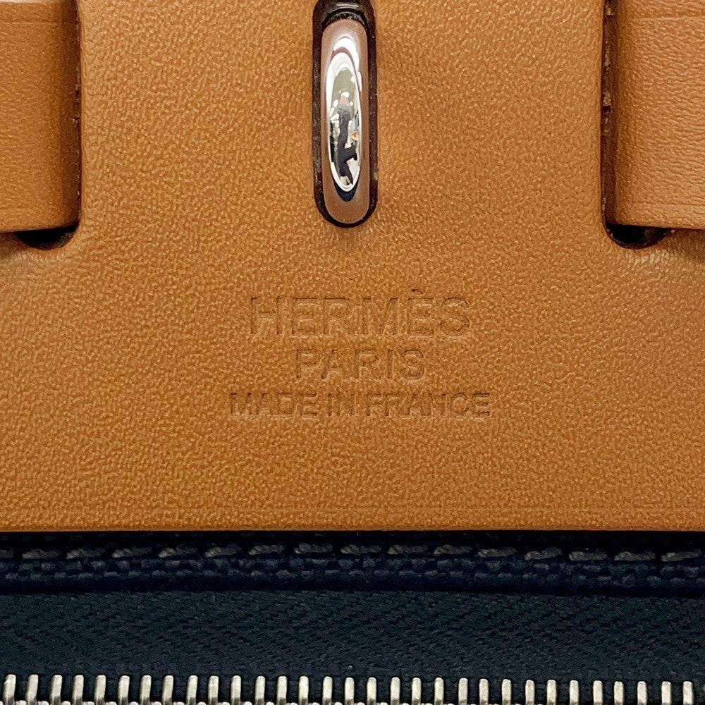 HERMES Herbag zip Navy/Natural Toile H Vache Hunter Leather Size PM