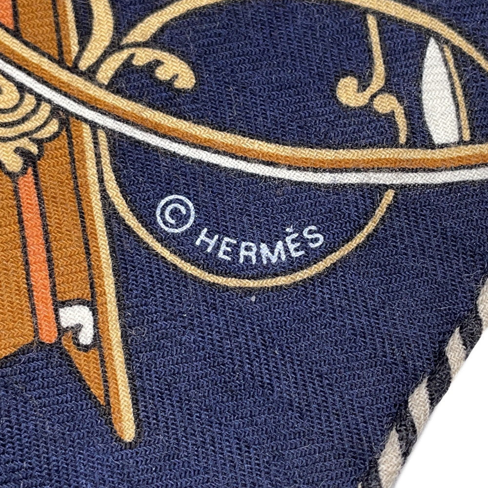 HERMES Giant Square Triangle Folding Canopy Carriage Size 140 Navy/White/Caban/Tabac Cashmere70% Silk30%
