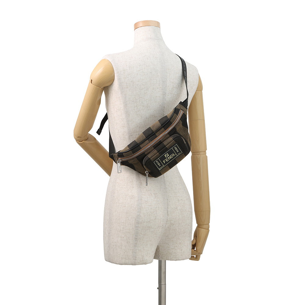 FENDI Pecan Stripe Waist Bag Black/Brown7VA446 Canvas Leather Size Small