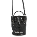 BALENCIAGA Drawstring 2-Way Bucket Bag Black638342 Croco embossed Size XS