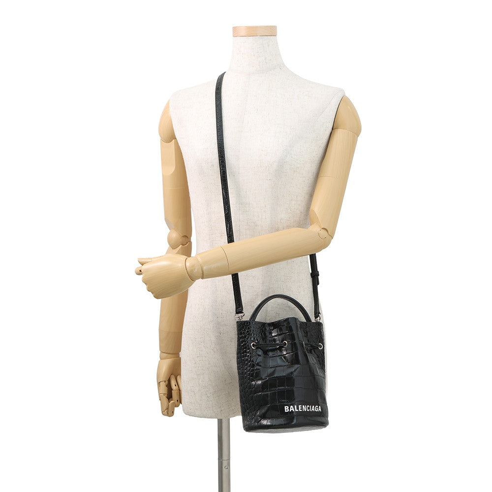 BALENCIAGA Drawstring 2-Way Bucket Bag Black638342 Croco embossed Size XS