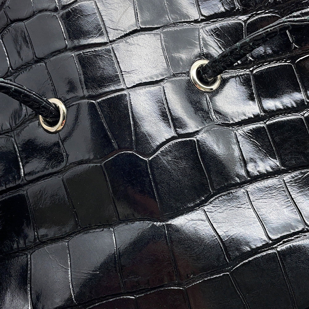 BALENCIAGA Drawstring 2-Way Bucket Bag Black638342 Croco embossed Size XS