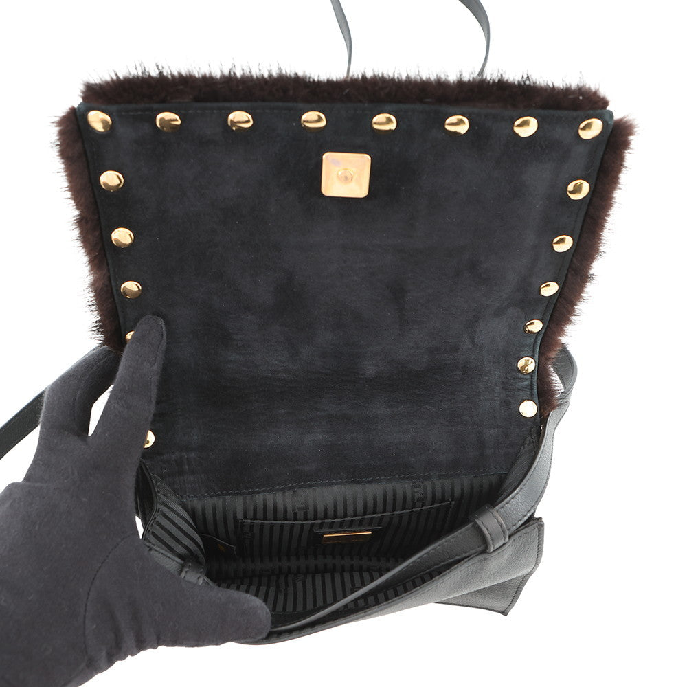 FENDI Check Shoulder Bag Black/White8BT203 Leather Fur