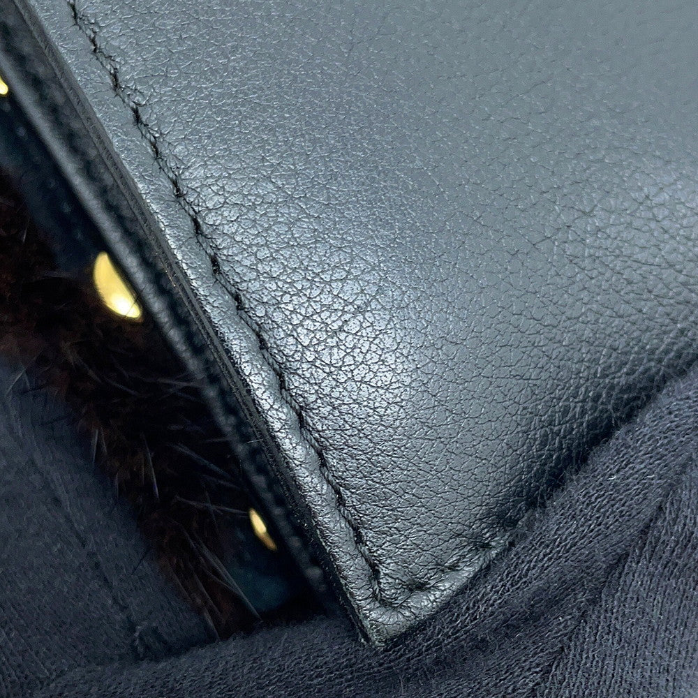 FENDI Check Shoulder Bag Black/White8BT203 Leather Fur