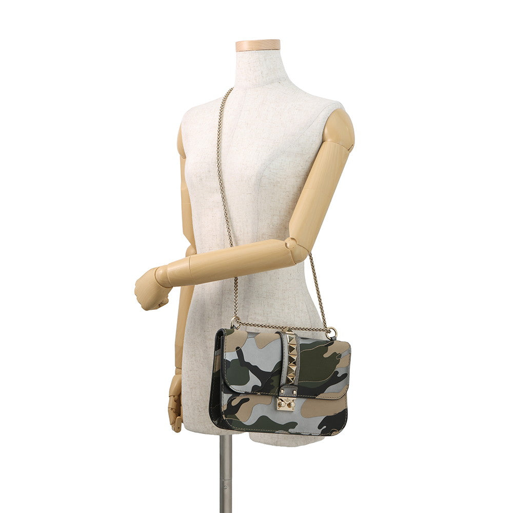 Valentino Garavani Glam Rock Camouflage Chainshoulder Bag Silver/Beige/Green Canvas Leather