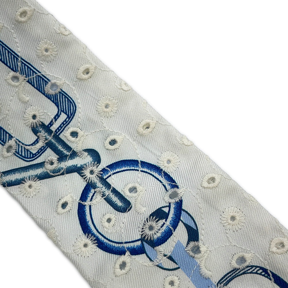 HERMES Twilly Scarf by Do Re Boucles Broderie Anglaise, Spring/Summer 2023 Blue/Blanc/Marine Silk100%