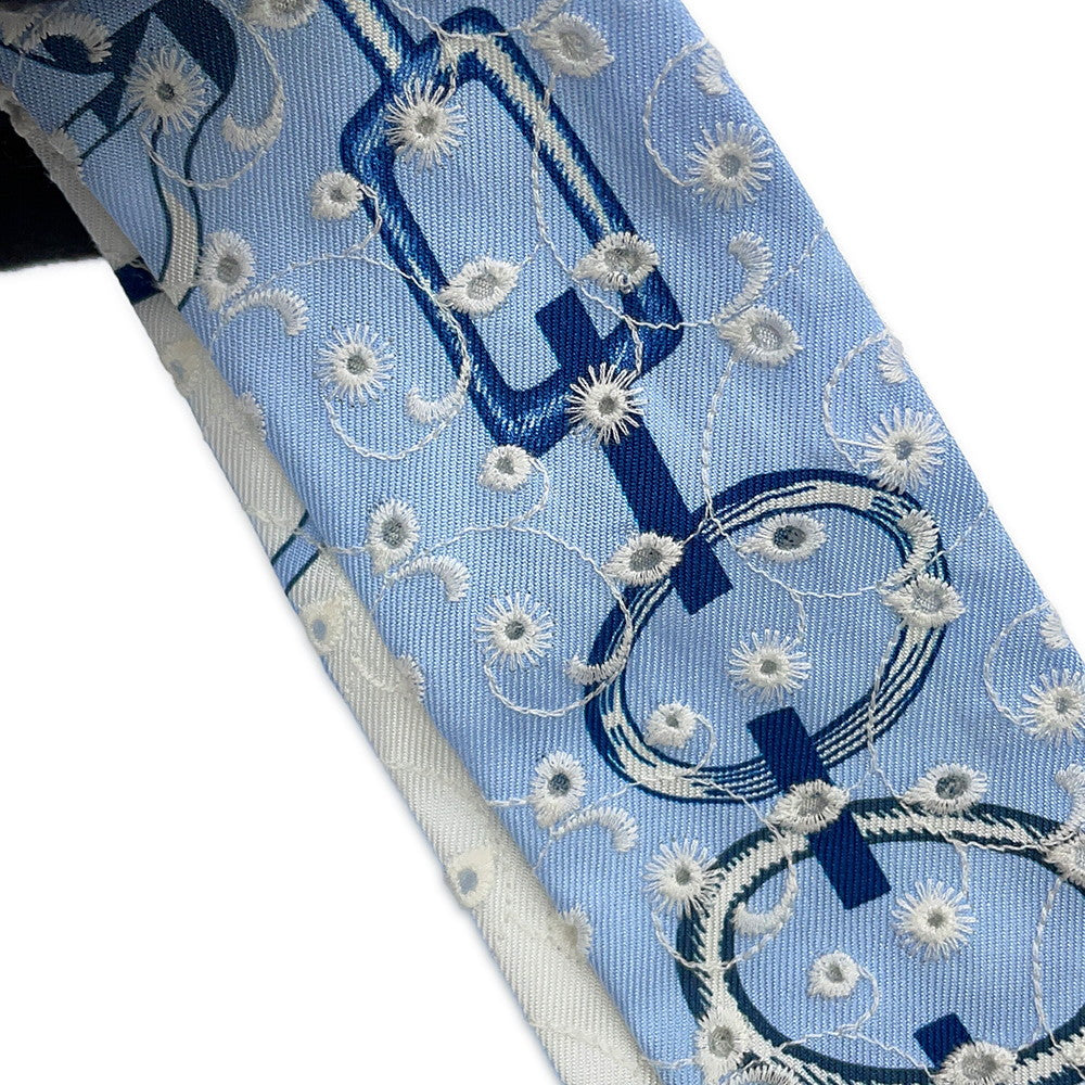 HERMES Twilly Scarf by Do Re Boucles Broderie Anglaise, Spring/Summer 2023 Blue/Blanc/Marine Silk100%