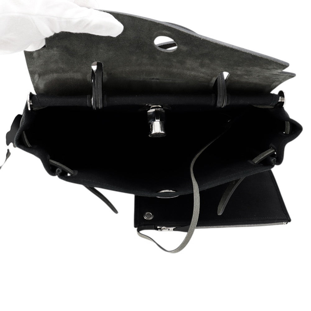 HERMES HERMES Her Zip Black Toile Military Vache Hunter Leather Size PM