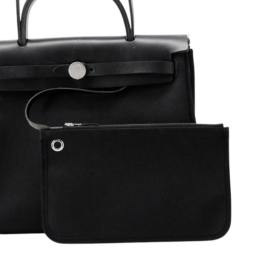 HERMES HERMES Her Zip Black Toile Military Vache Hunter Leather Size PM