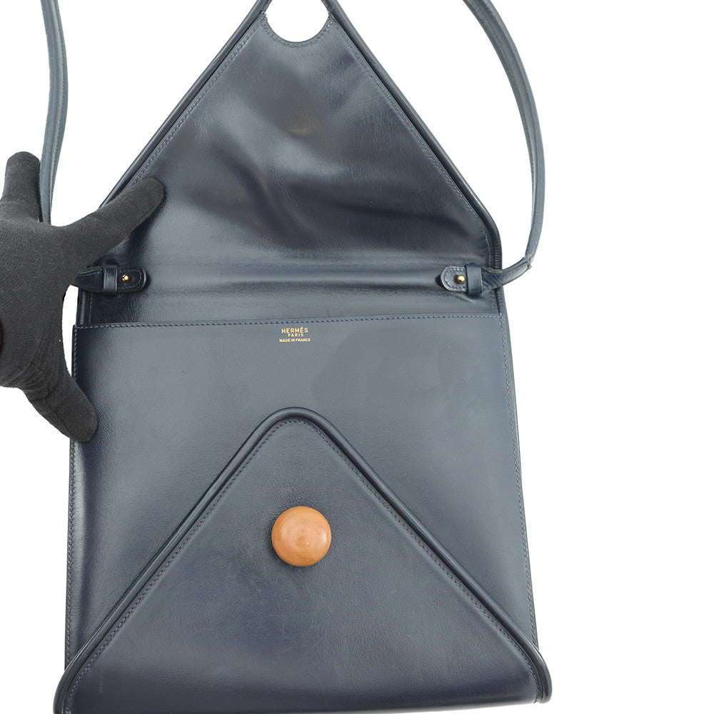 HERMES Wood Shoulder Bag Navy Box Calf Leather
