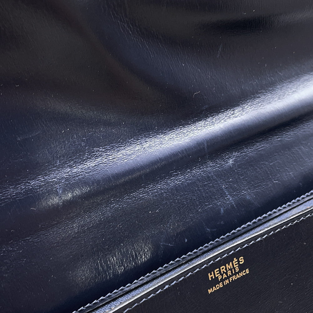 HERMES Wood Shoulder Bag Navy Box Calf Leather