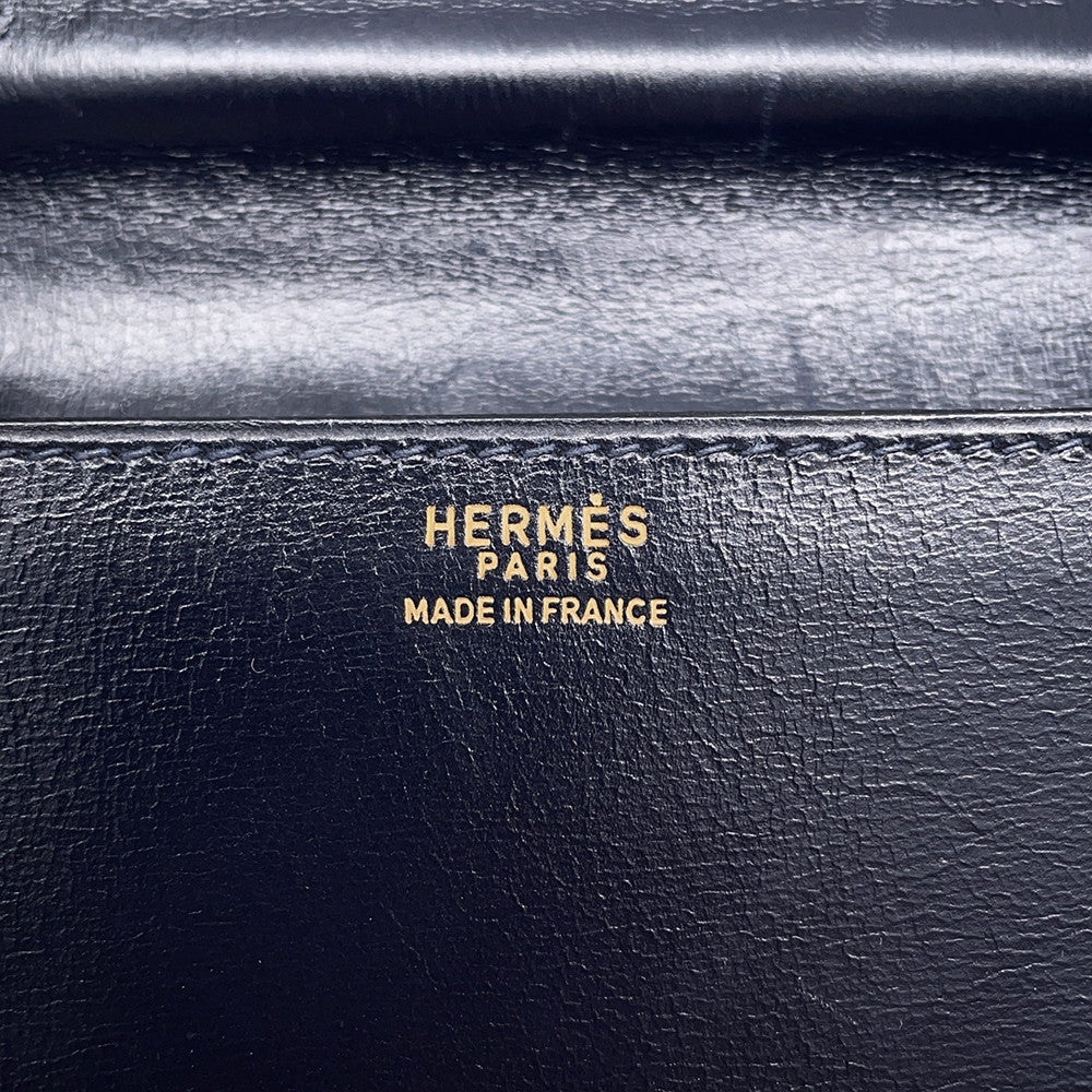 HERMES Wood Shoulder Bag Navy Box Calf Leather