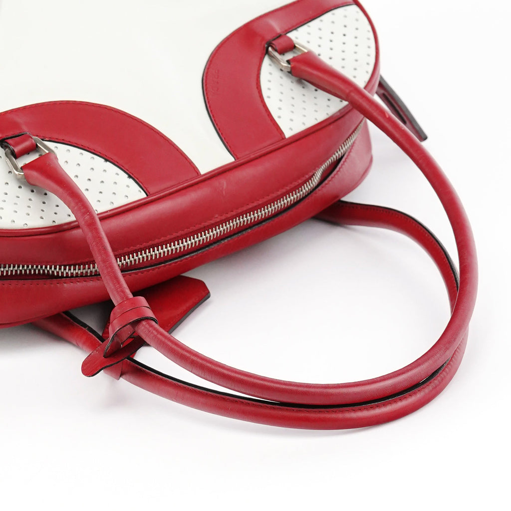 B11334 White Red Perforated Leather Bowling Bag