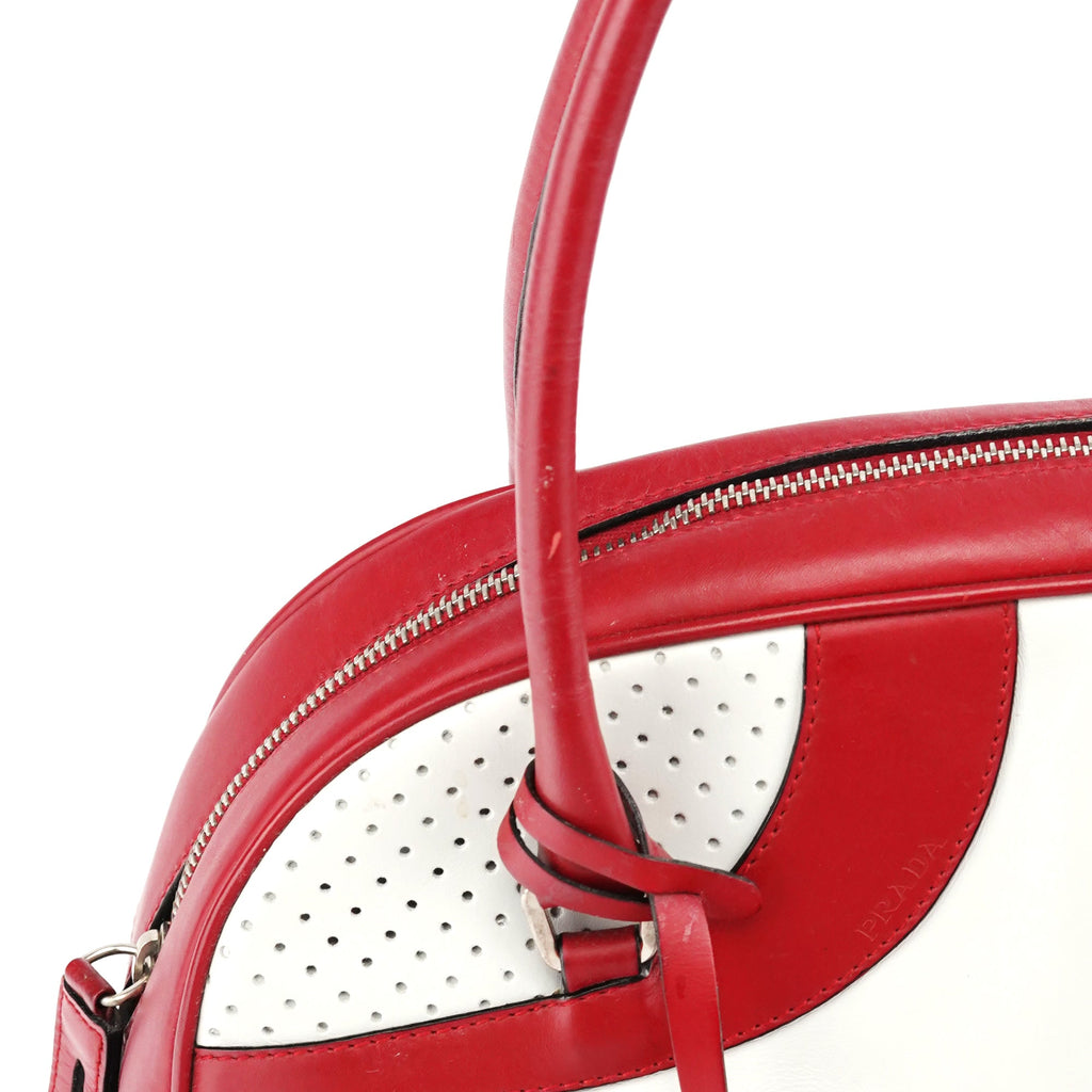 B11334 White Red Perforated Leather Bowling Bag