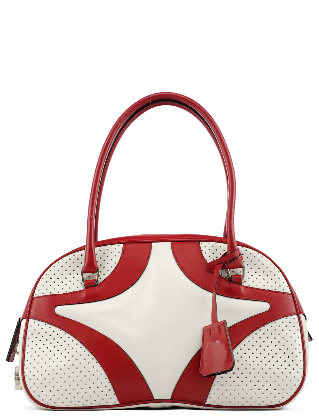 B11334 White Red Perforated Leather Bowling Bag