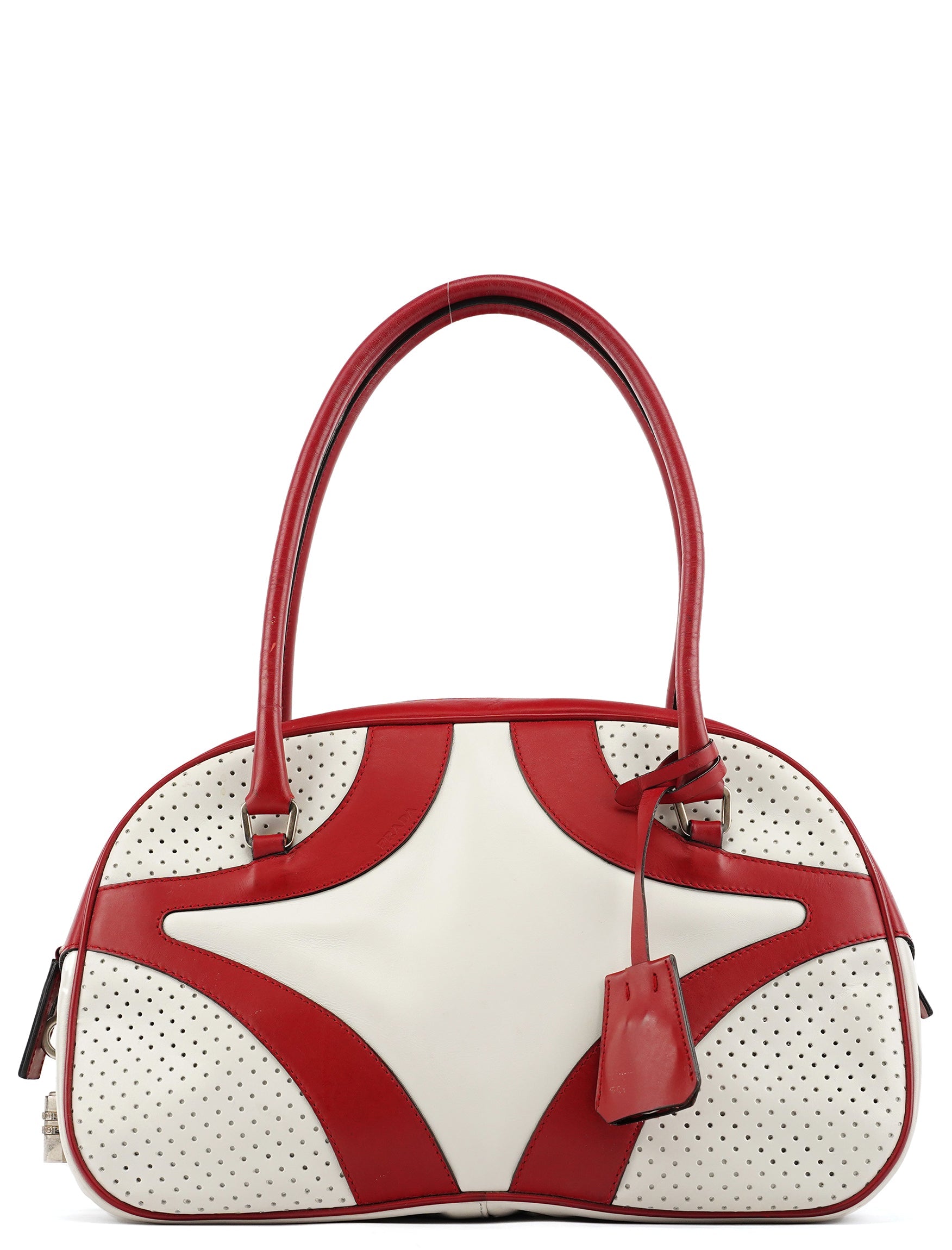 B11334 White Red Perforated Leather Bowling Bag