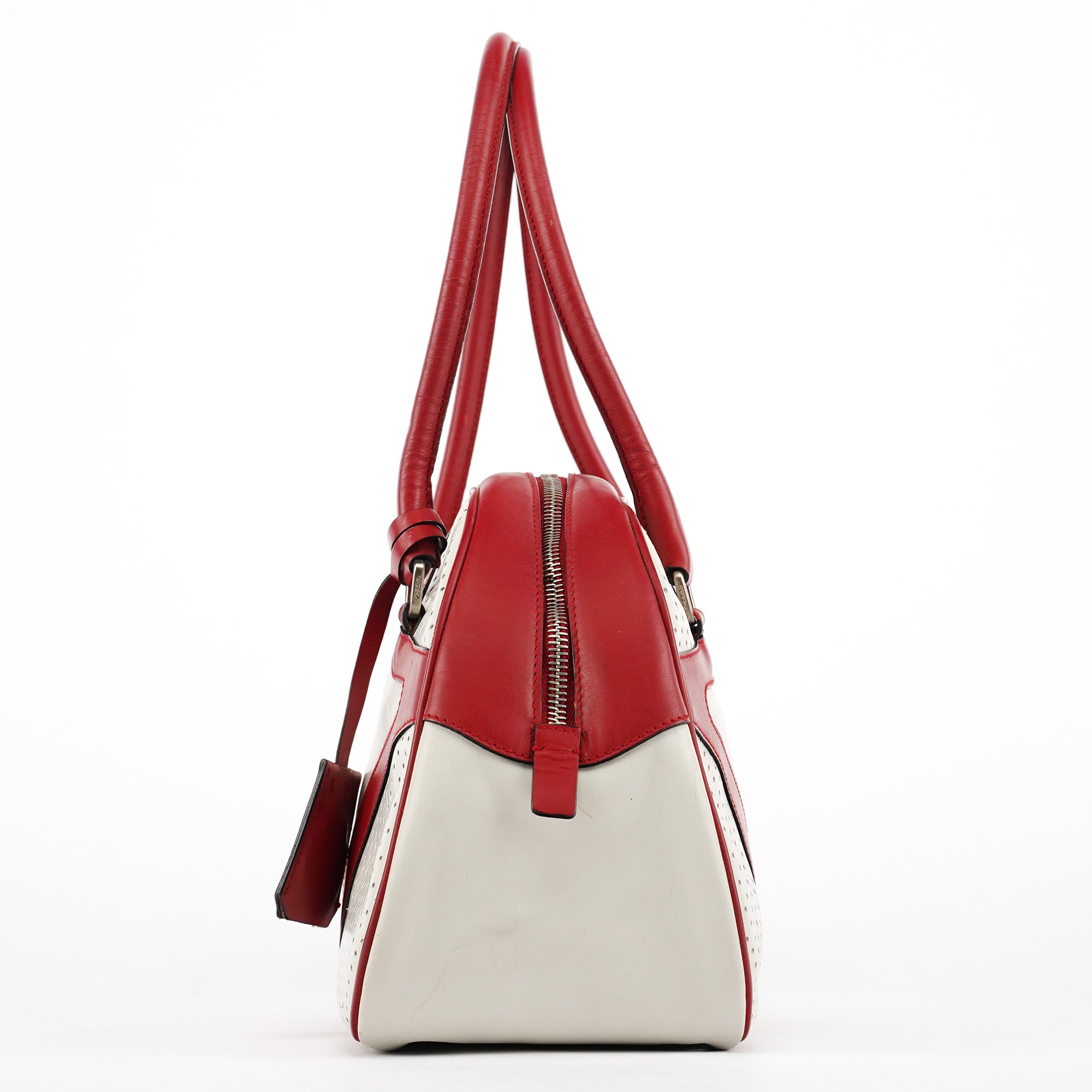 B11334 White Red Perforated Leather Bowling Bag