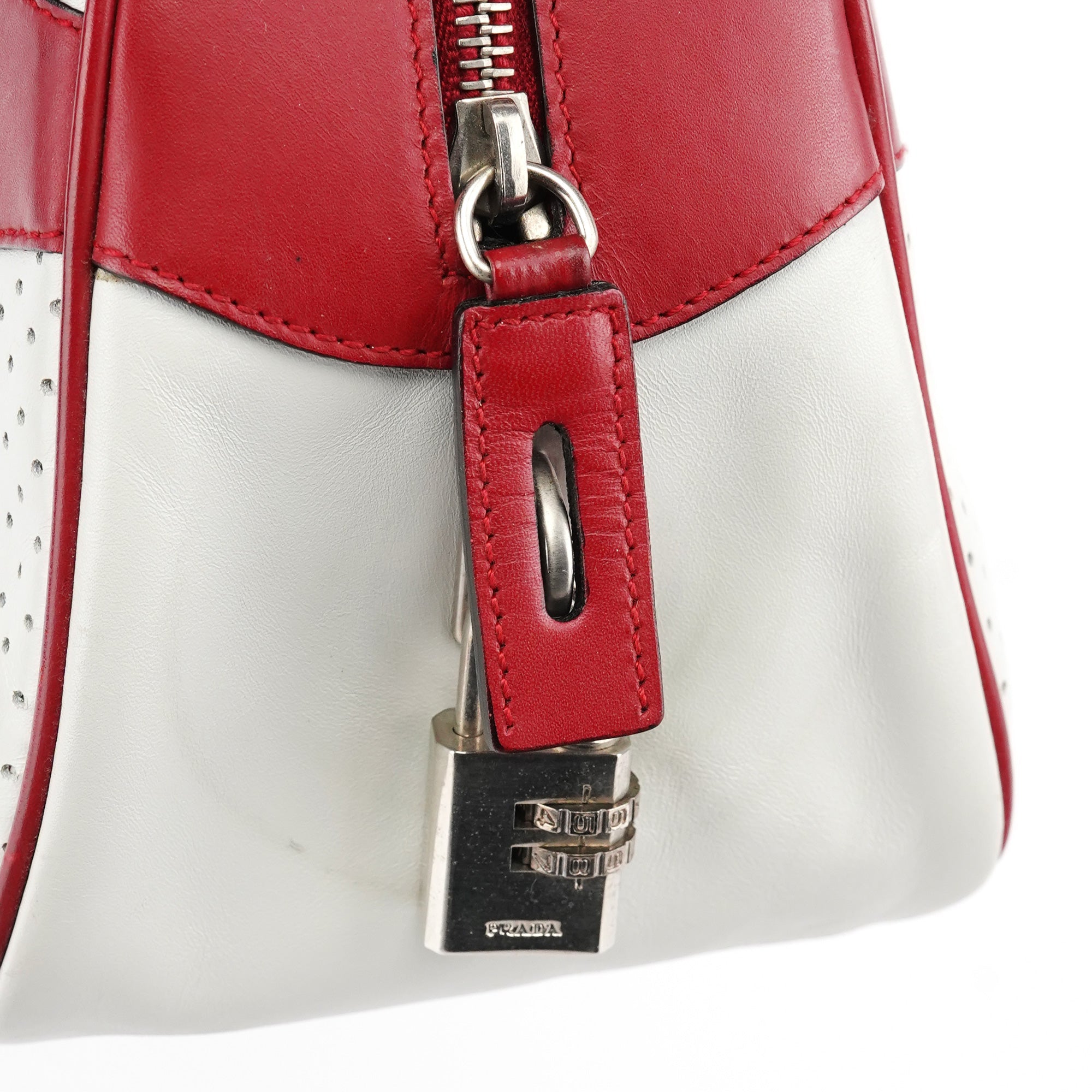 B11334 White Red Perforated Leather Bowling Bag