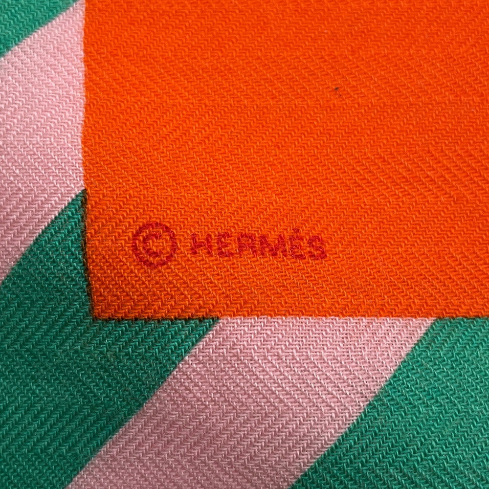 HERMES Carre Jean Size 140 Orange/White/Red/Light Green Cashmere70% Silk30%