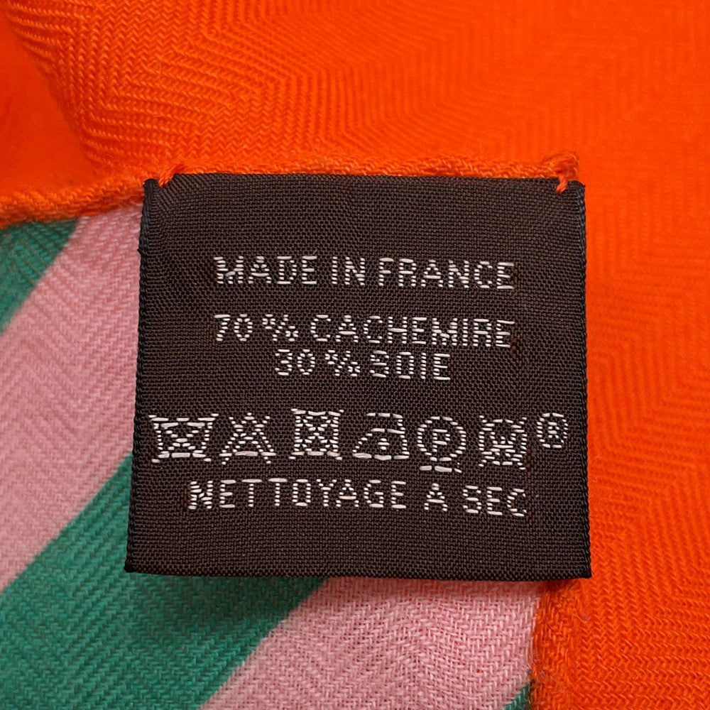 HERMES Carre Jean Size 140 Orange/White/Red/Light Green Cashmere70% Silk30%