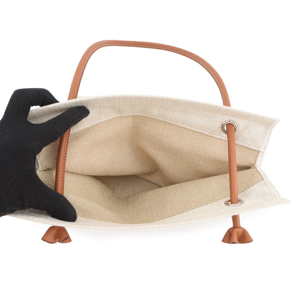 HERMES Aline Ecru/Fauve Toile Chevrons Barenia Leather Size MM