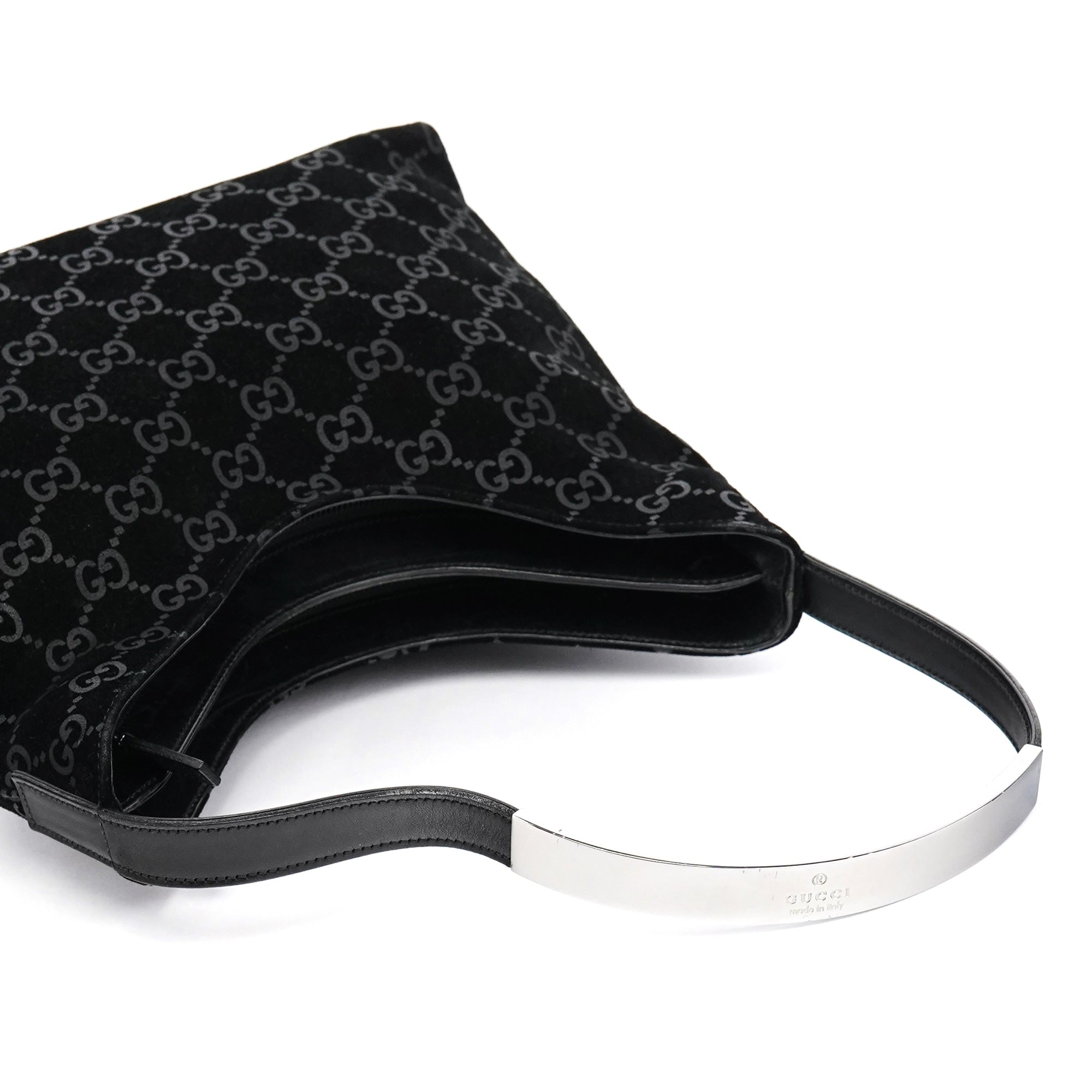 001 8778 Black GG Suede Shoulder Bag