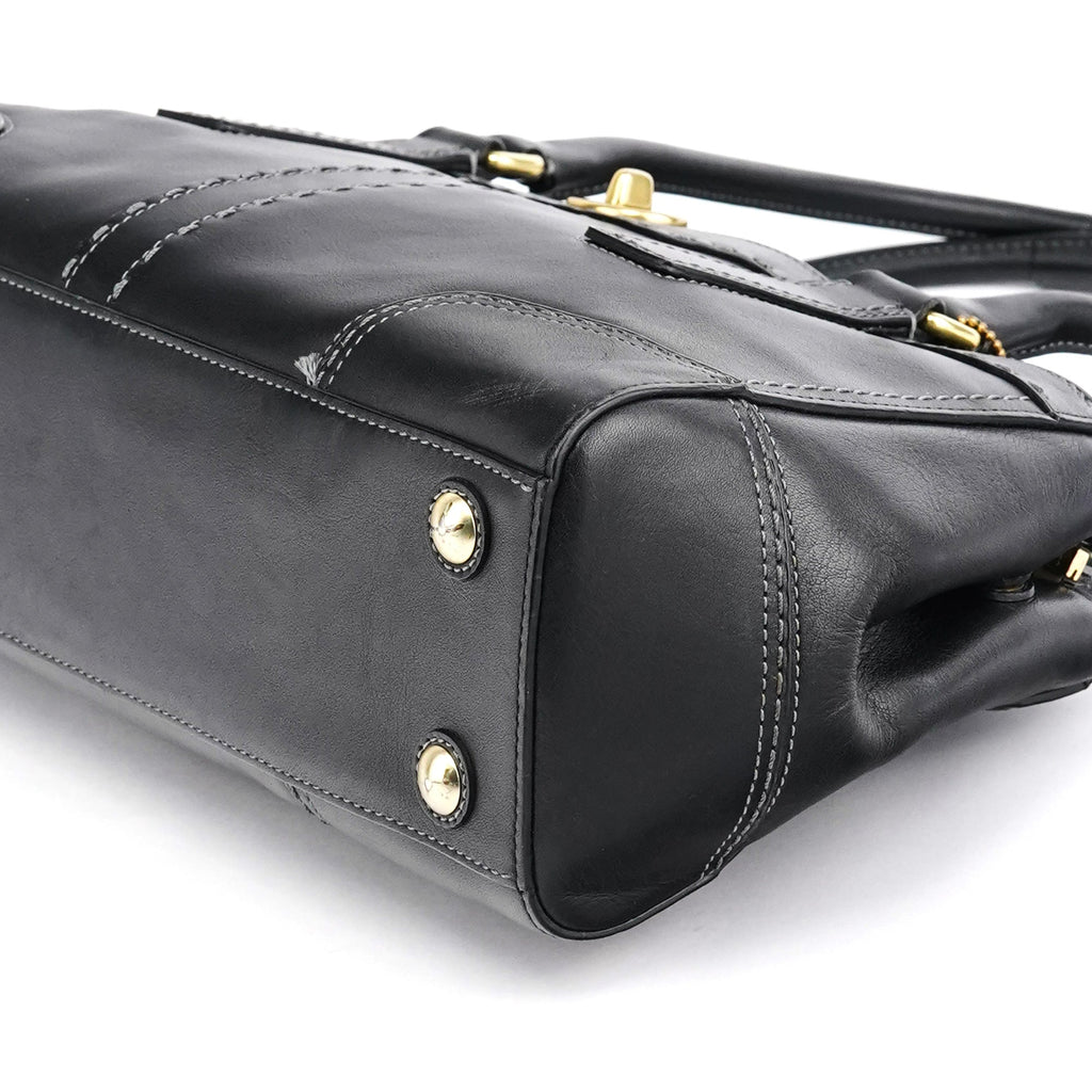 11547 Black Leather Turnlock Tote Bag