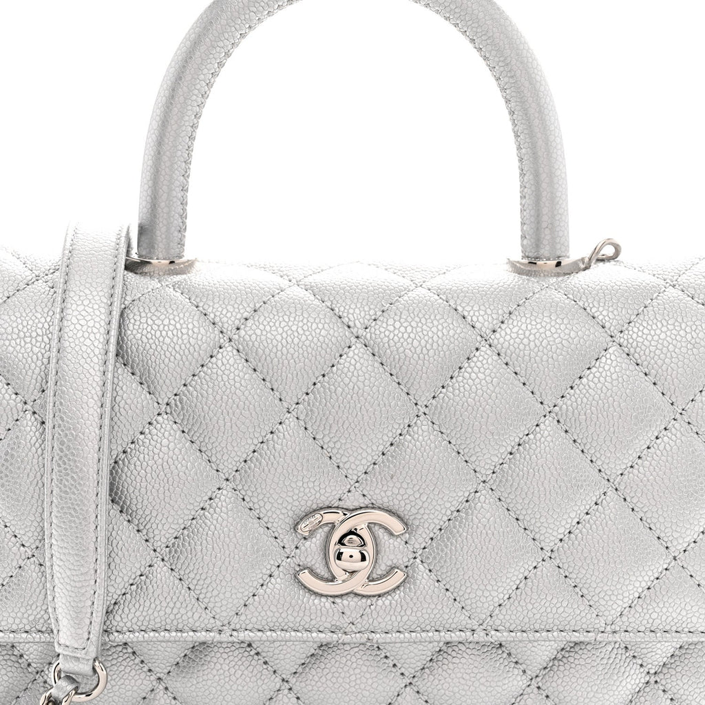 Metallic Caviar Quilted Mini Coco Handle Flap Silver